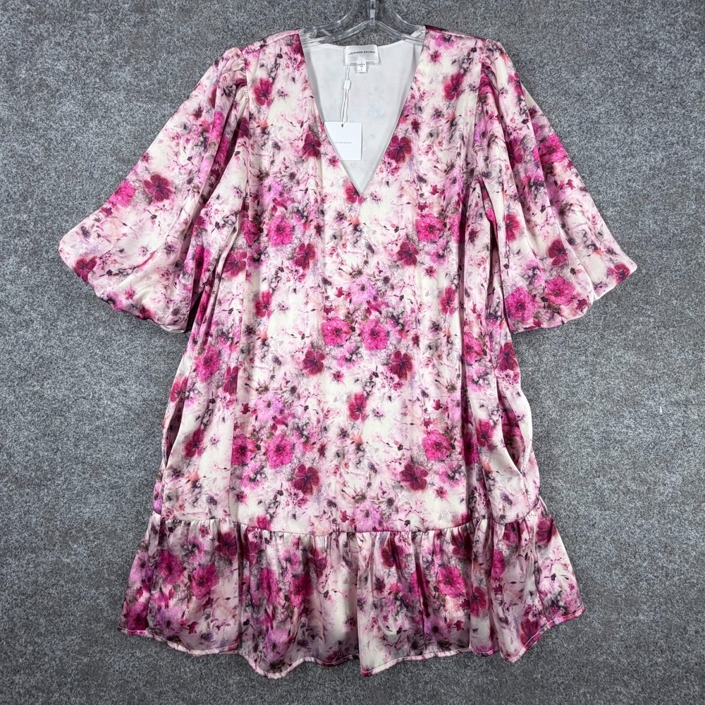 NWT Lavender Brown Isla‎ Dress Womens L Berry Multicolor Puff Sleeve Lined